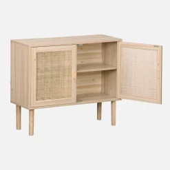 80cm cabinet with wood and rattan decor with 2 doors