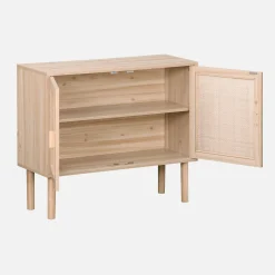 80cm cabinet with wood and rattan decor with 2 doors