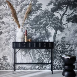 100cm console with grooved wood decor and 2 drawers
