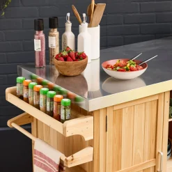 130cm fir wood barbecue sideboard with handles, 7 storage spaces
