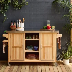 130cm fir wood barbecue sideboard with handles, 7 storage spaces