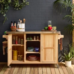 130cm fir wood barbecue sideboard with handles, 7 storage spaces