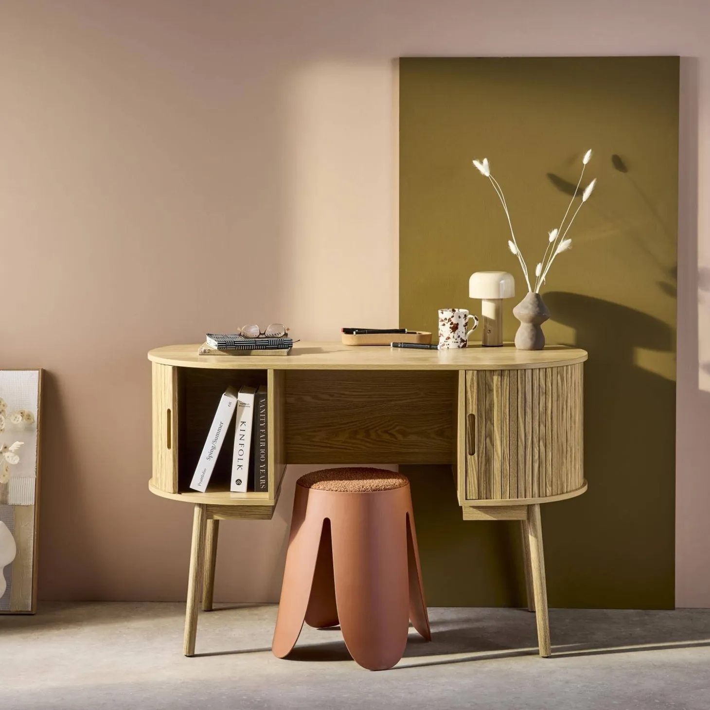 120cm grooved wooden-effect oval desk with two storage spaces