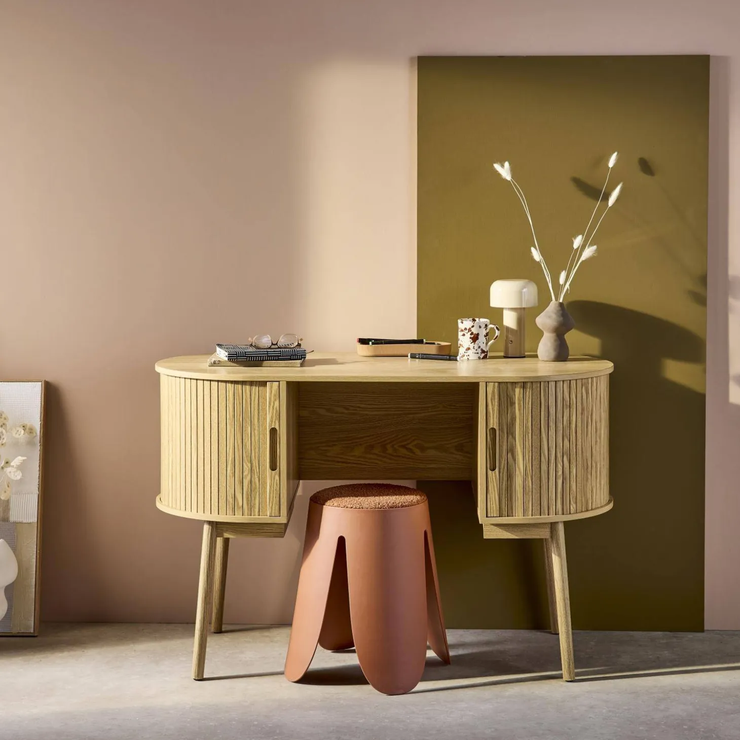 120cm grooved wooden-effect oval desk with two storage spaces