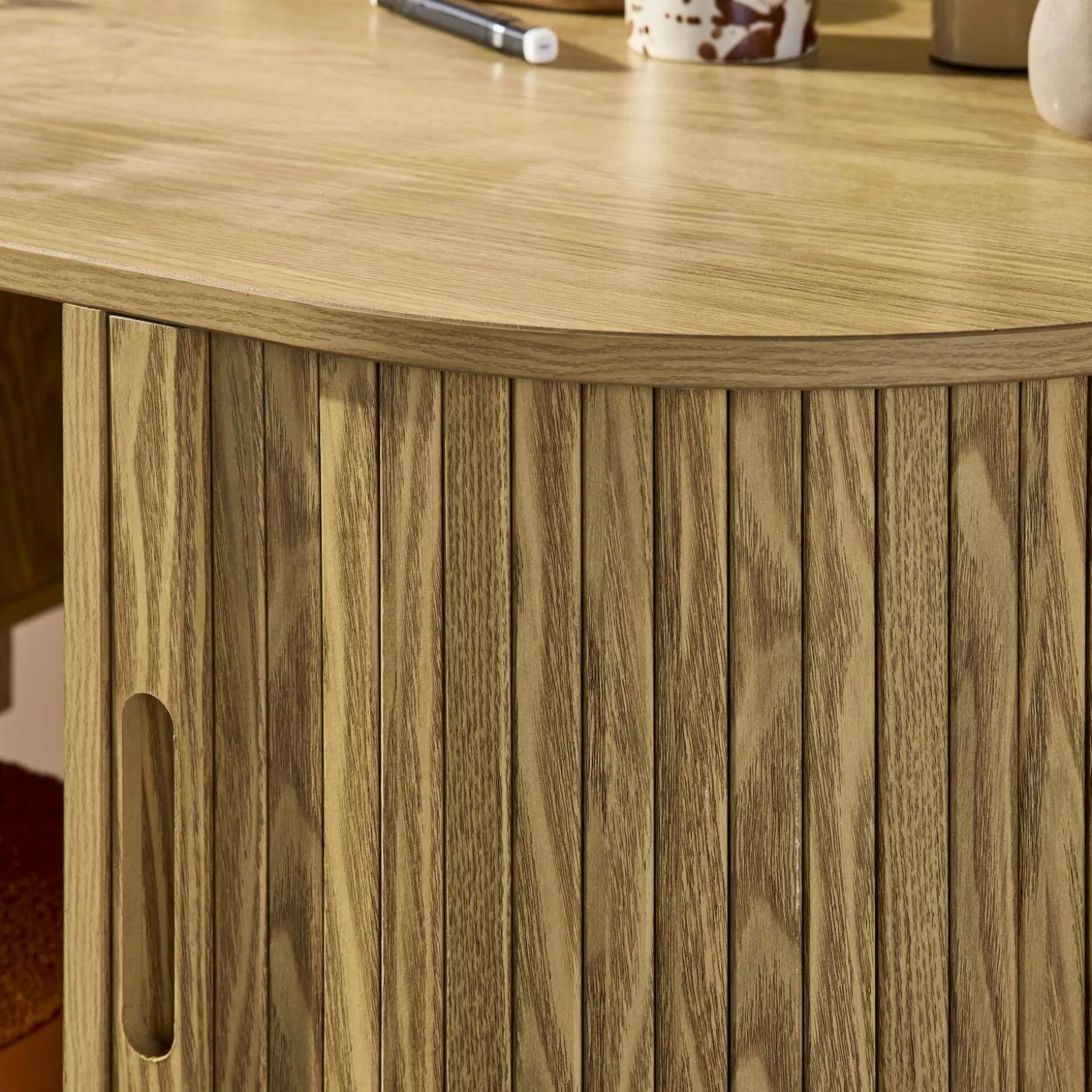 120cm grooved wooden-effect oval desk with two storage spaces