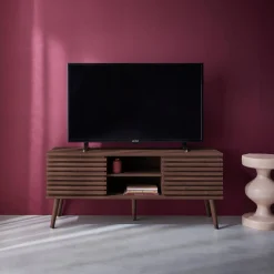 120 cm scandinavian TV unit grooved wooden effect 2 doors