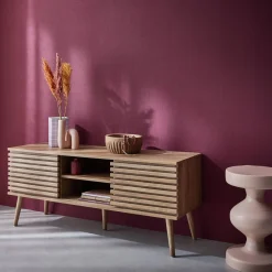 120 cm scandinavian TV unit grooved wooden effect 2 doors