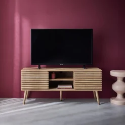 120 cm scandinavian TV unit grooved wooden effect 2 doors