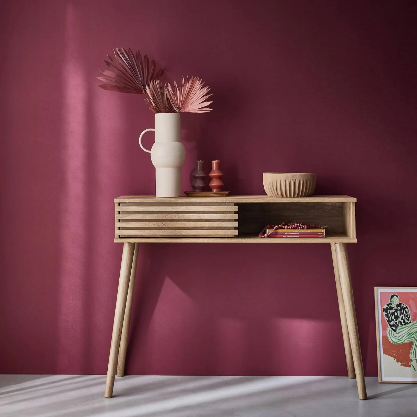 100cm scandi-style console, grooved wood effect