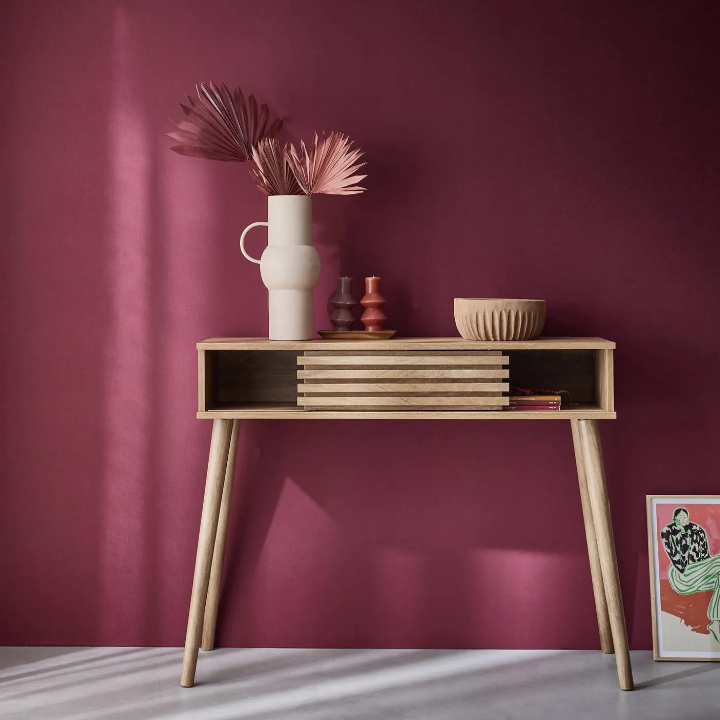 100cm scandi-style console, grooved wood effect