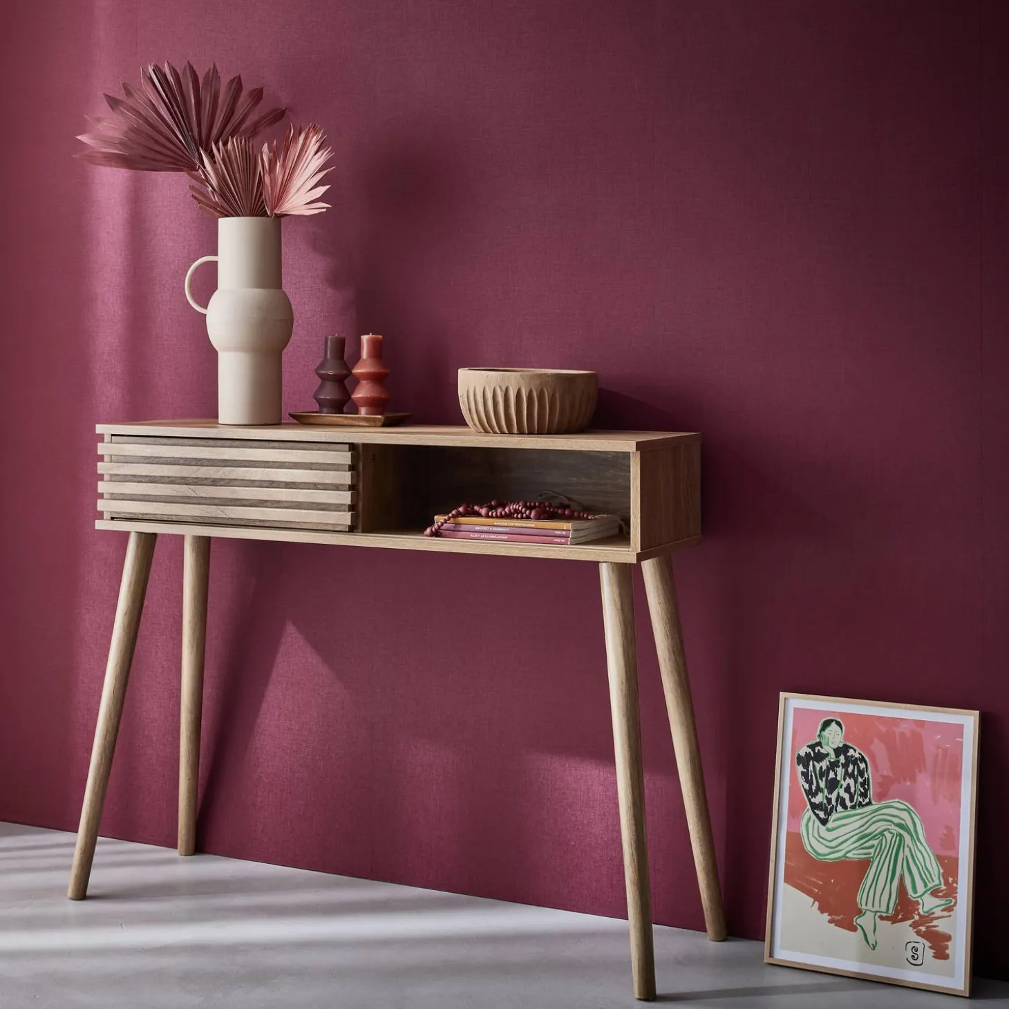 100cm scandi-style console, grooved wood effect