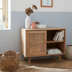 80cm scandi-style storage cabinet with wooden and cane rattan