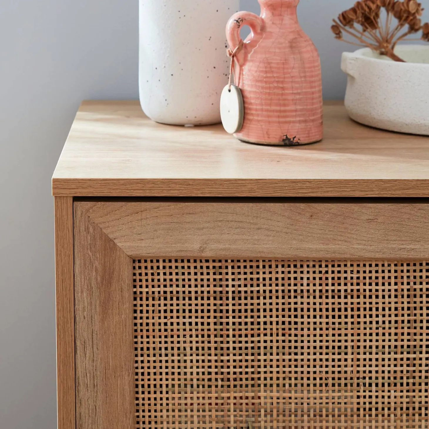 80cm scandi-style storage cabinet with wooden and cane rattan