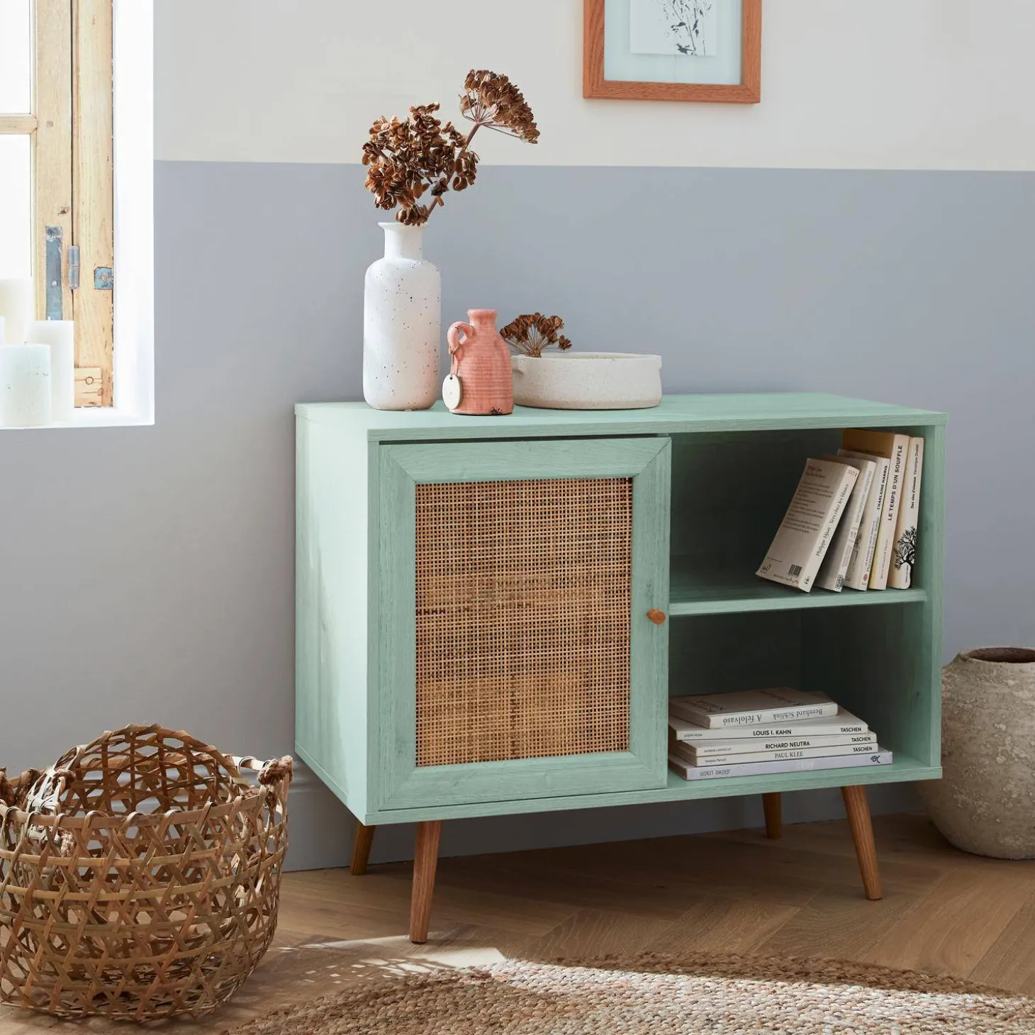 80cm scandi-style storage cabinet with wooden and cane rattan
