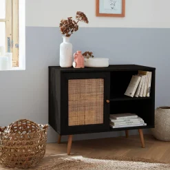 80cm scandi-style storage cabinet with wooden and cane rattan