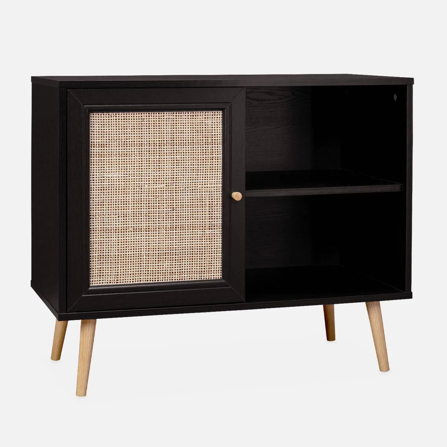 80cm scandi-style storage cabinet with wooden and cane rattan