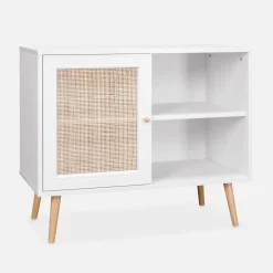 80cm scandi-style storage cabinet with wooden and cane rattan