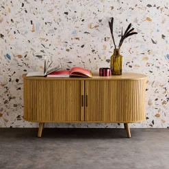 120cm scandi-style TV unit with grooved wooden effect and 2 sliding doors
