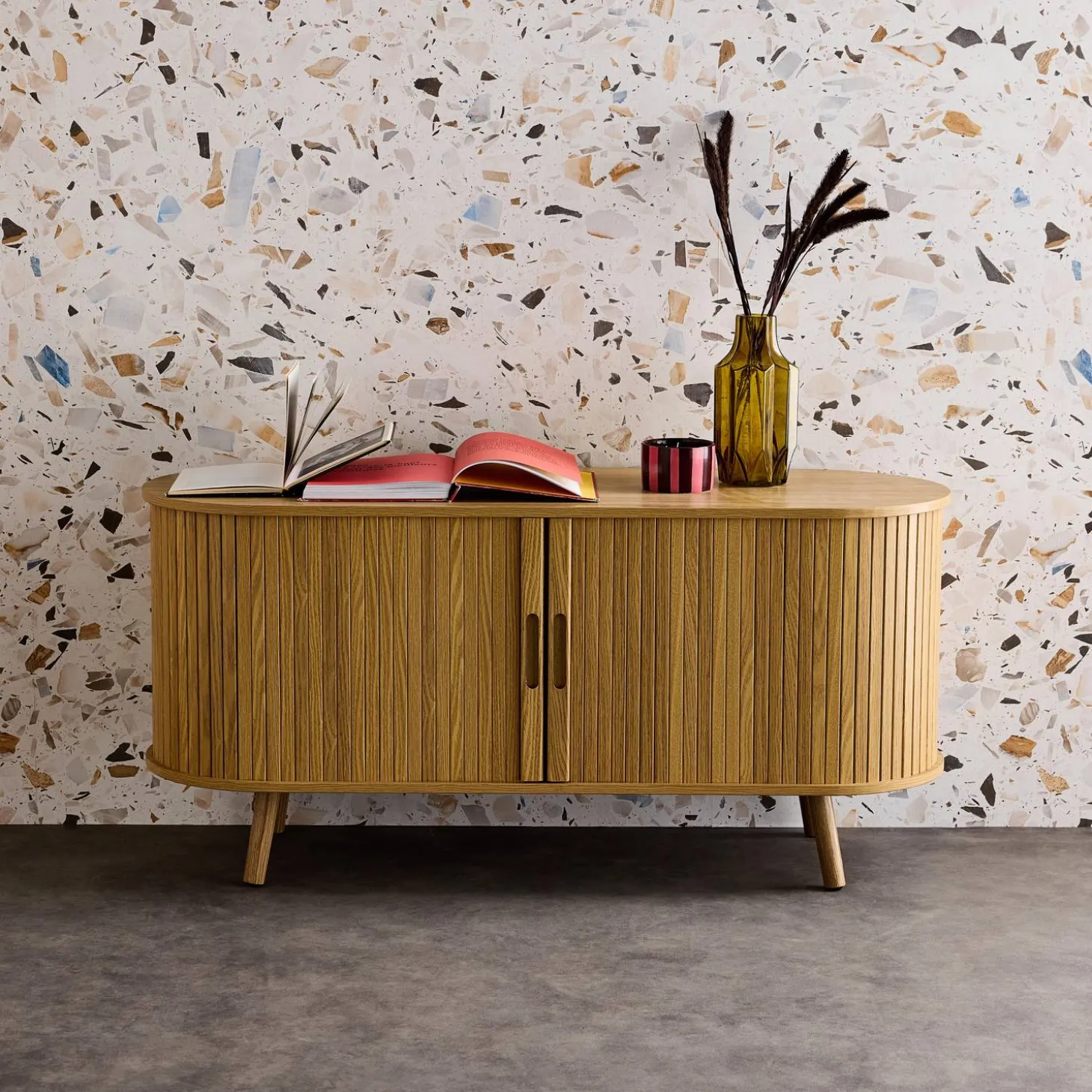 120cm scandi-style TV unit with grooved wooden effect and 2 sliding doors