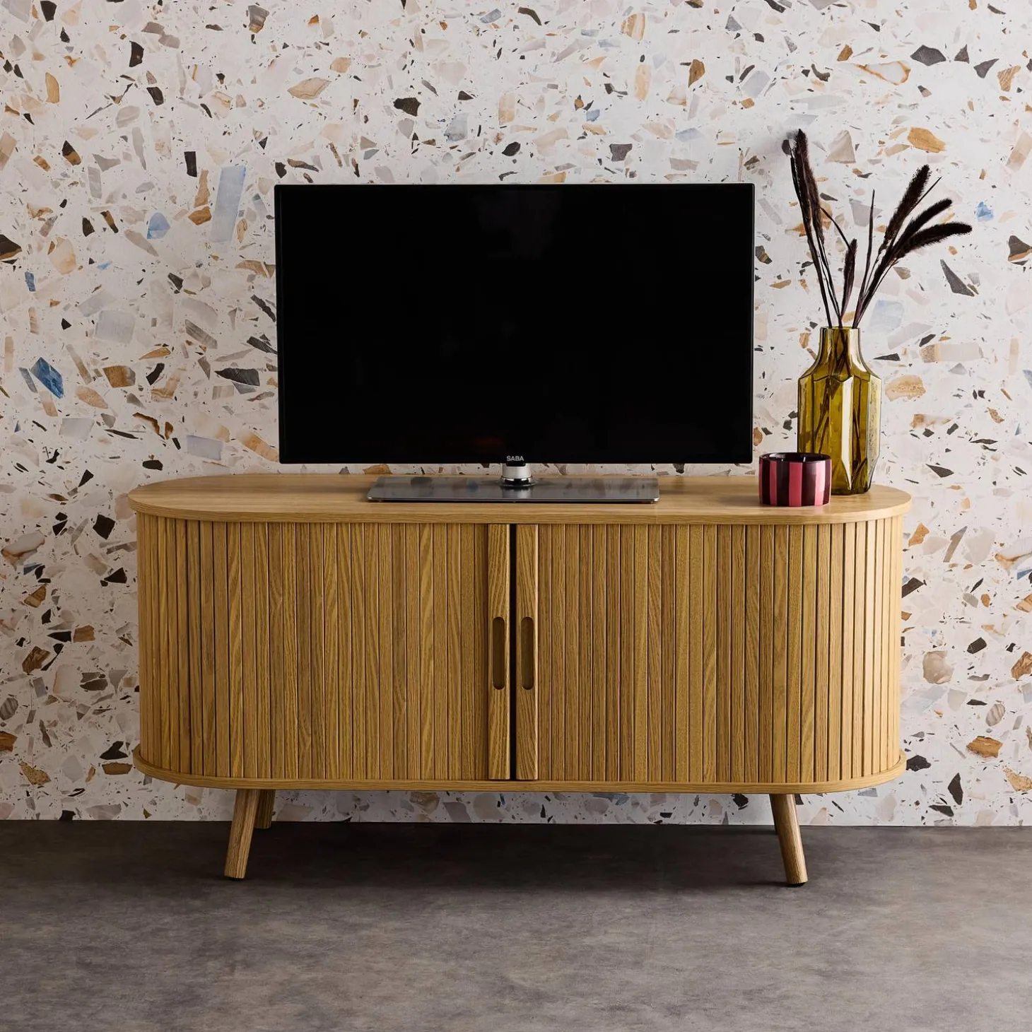 120cm scandi-style TV unit with grooved wooden effect and 2 sliding doors
