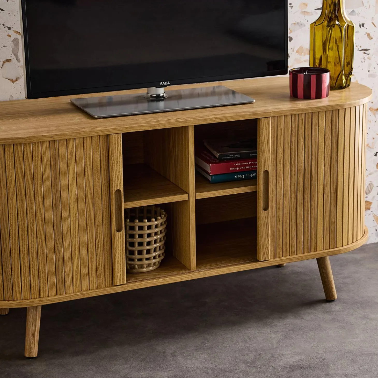 120cm scandi-style TV unit with grooved wooden effect and 2 sliding doors
