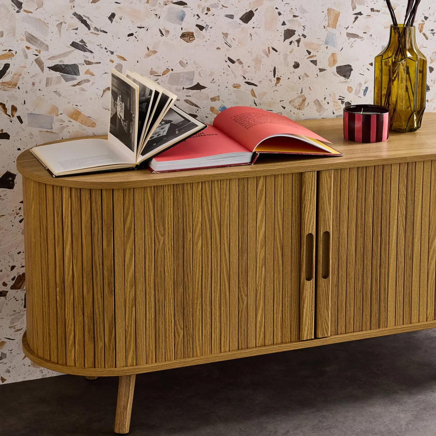 120cm scandi-style TV unit with grooved wooden effect and 2 sliding doors