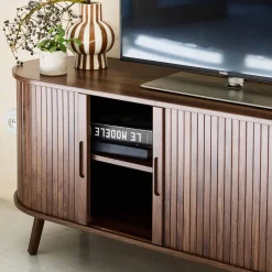 120cm scandi-style TV unit with grooved wooden effect and 2 sliding doors