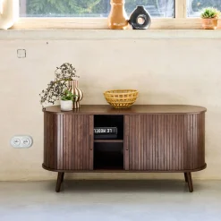 120cm scandi-style TV unit with grooved wooden effect and 2 sliding doors