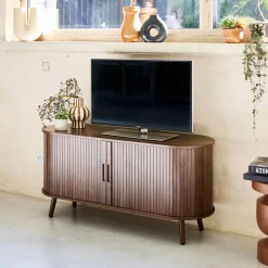 120cm scandi-style TV unit with grooved wooden effect and 2 sliding doors