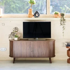 120cm scandi-style TV unit with grooved wooden effect and 2 sliding doors