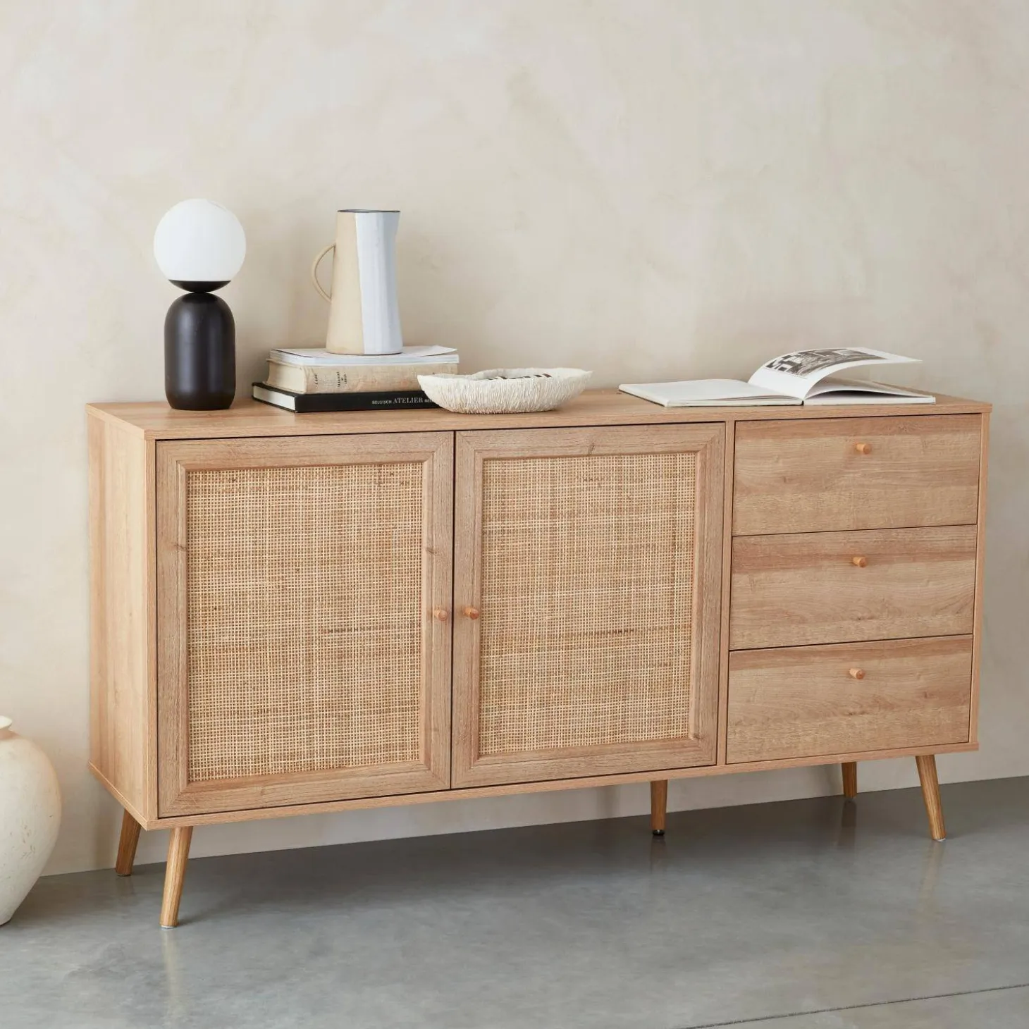150cm scandi-style wooden and cane effect sideboard