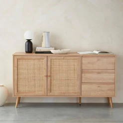 150cm scandi-style wooden and cane effect sideboard