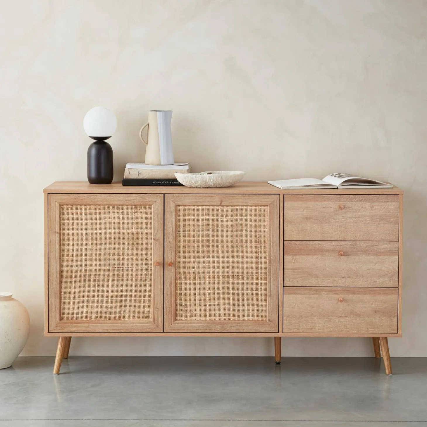 150cm scandi-style wooden and cane effect sideboard