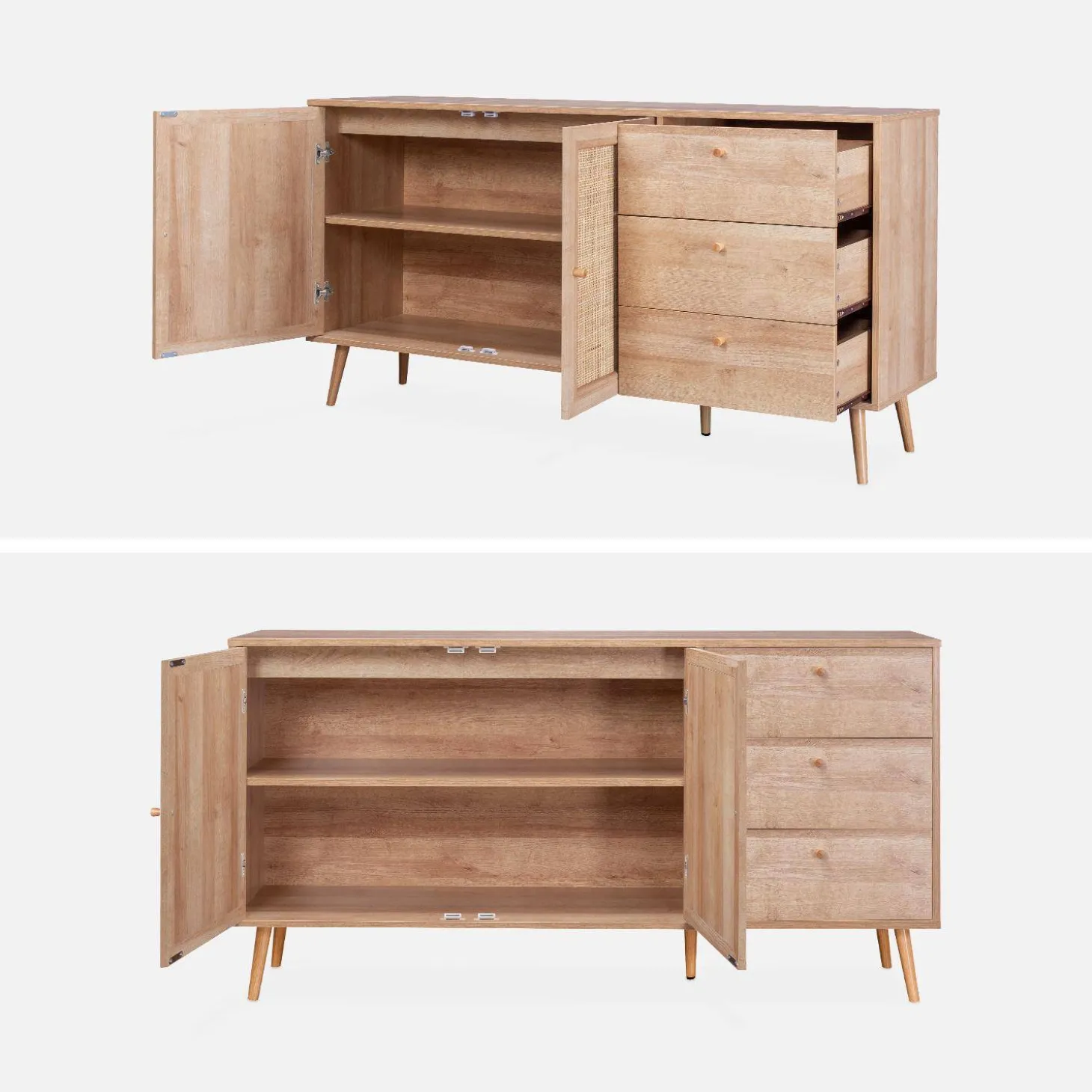 150cm scandi-style wooden and cane effect sideboard
