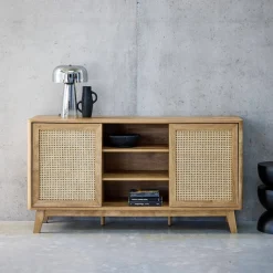 150cm sideboard with wood and cane effect, 2 sliding doors
