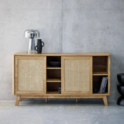 150cm sideboard with wood and cane effect, 2 sliding doors