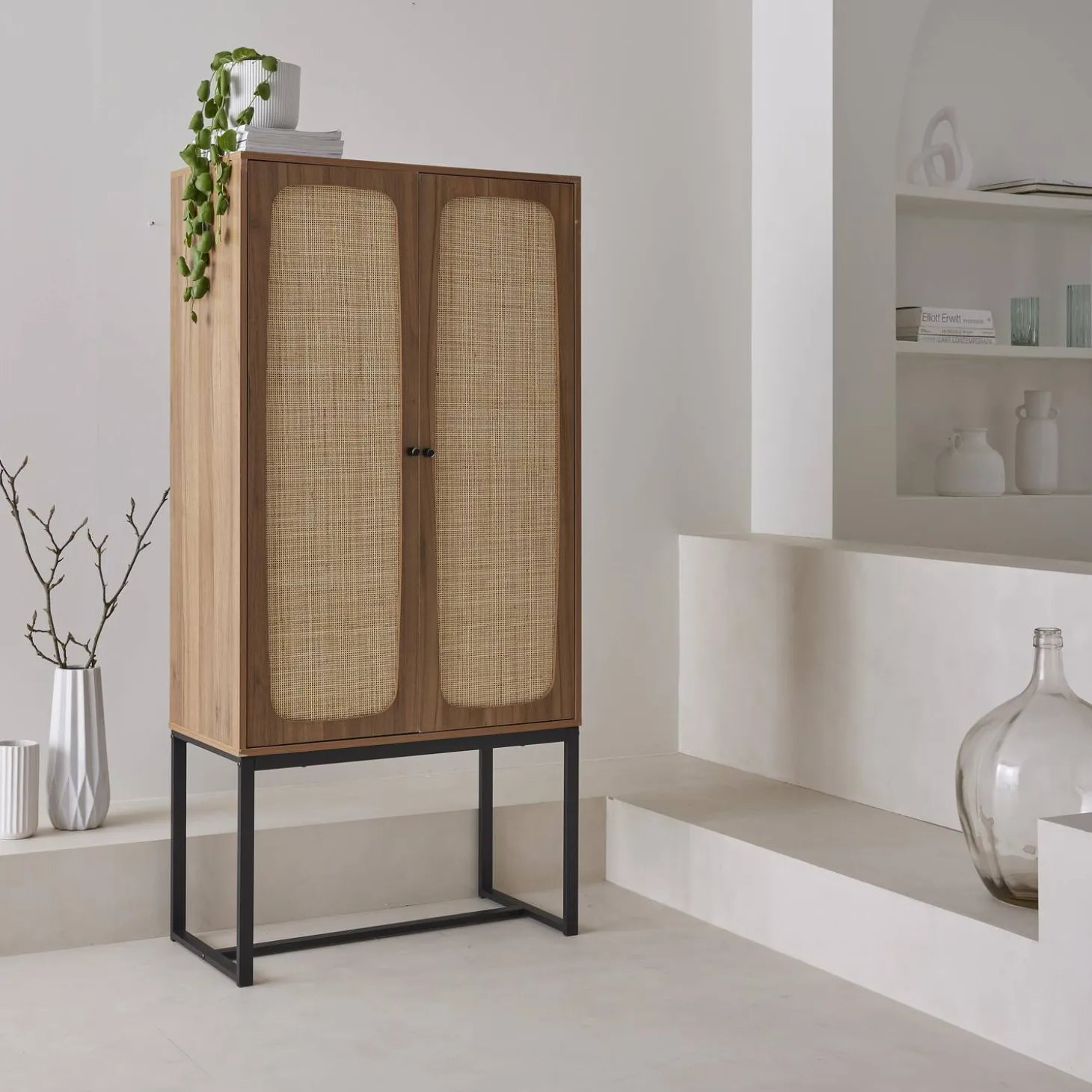 165cm sideboard with wood and cane effect