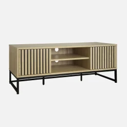 120cm TV unit grooved wooden effect and metal 2 doors