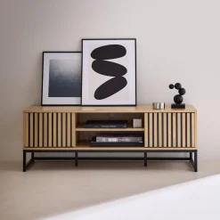 120cm TV unit  grooved wooden effect and metal 2 doors