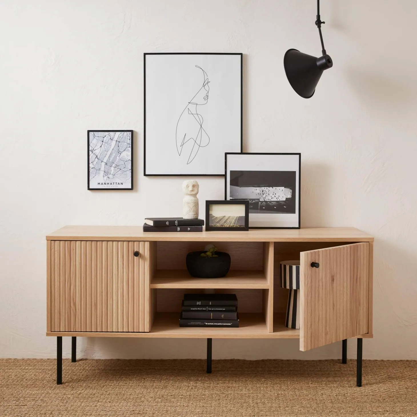120cm TV unit grooved wooden effect 2 doors