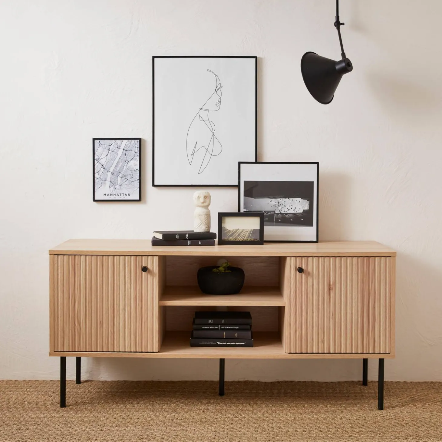 120cm TV unit grooved wooden effect 2 doors