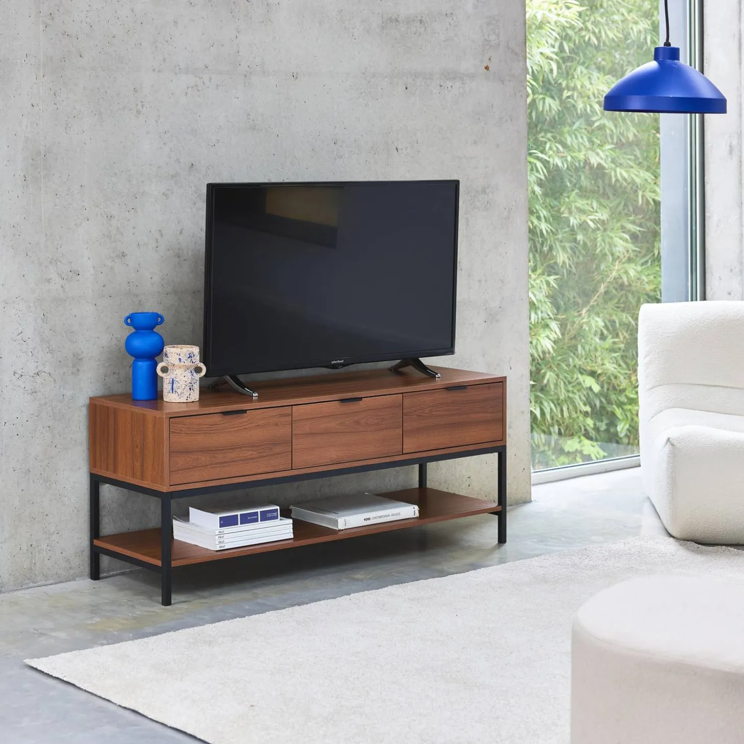 130cm TV unit walnut wooden effect 3 drawers