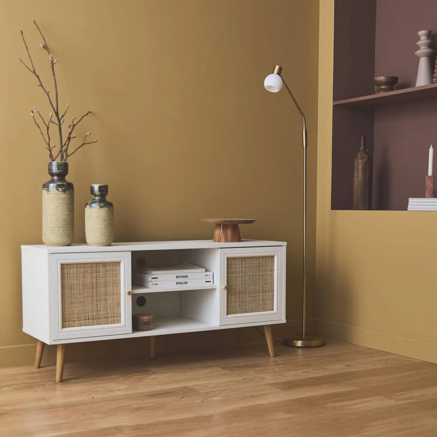 120cm TV unit wooden and cane effect 2 doors