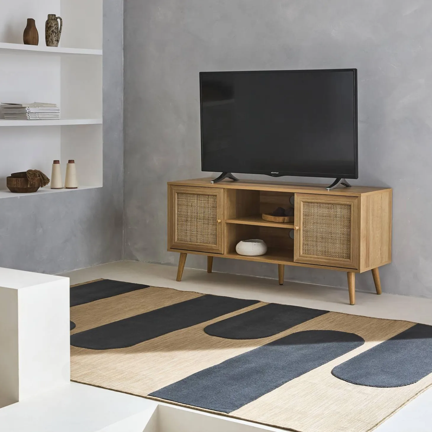 120cm TV unit wooden and cane effect 2 doors