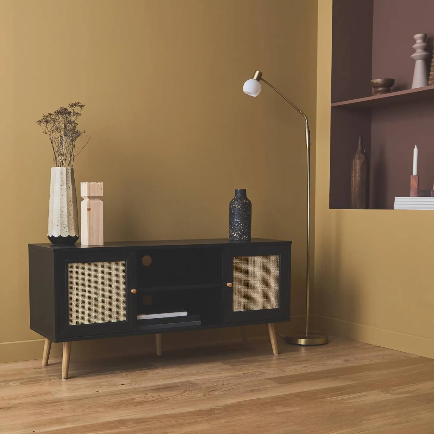 120cm TV unit wooden and cane effect 2 doors