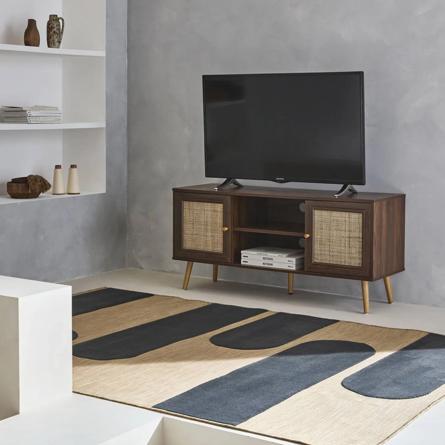 120cm TV unit wooden and cane effect 2 doors