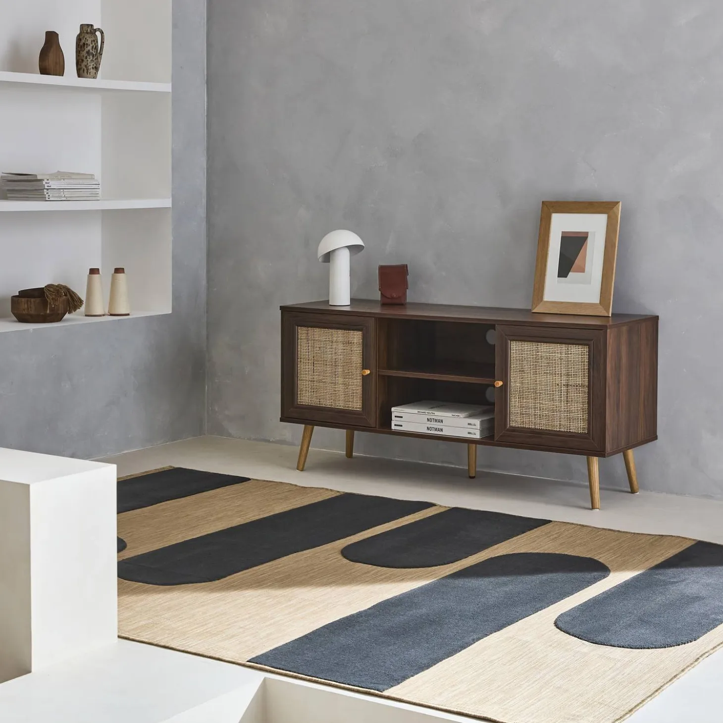 120cm TV unit wooden and cane effect 2 doors