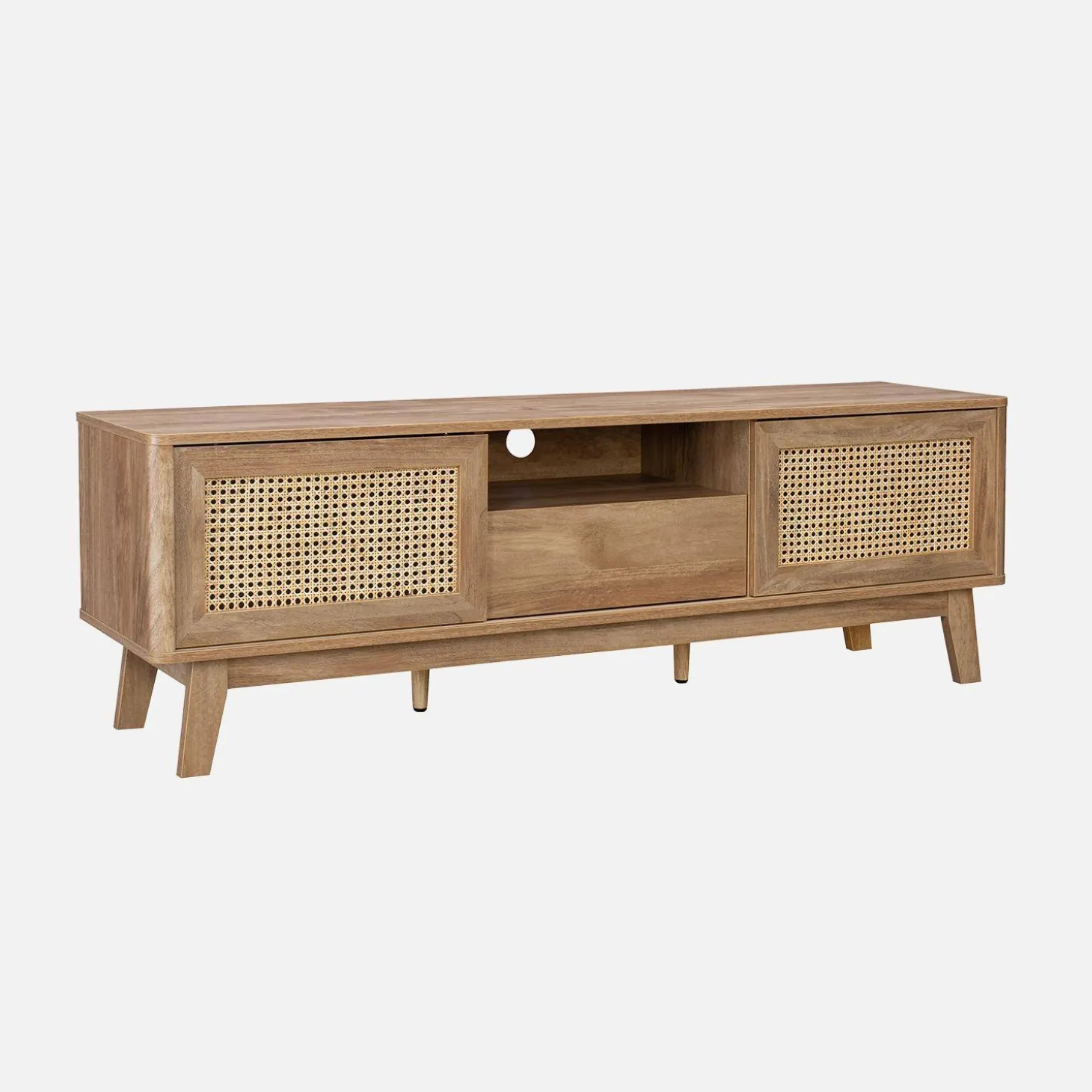 150cm TV unit wooden effect and cane 2 sliding doors