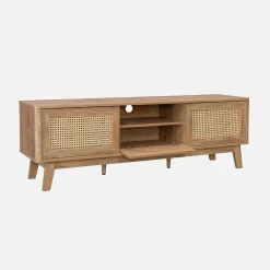 150cm TV unit wooden effect and cane 2 sliding doors
