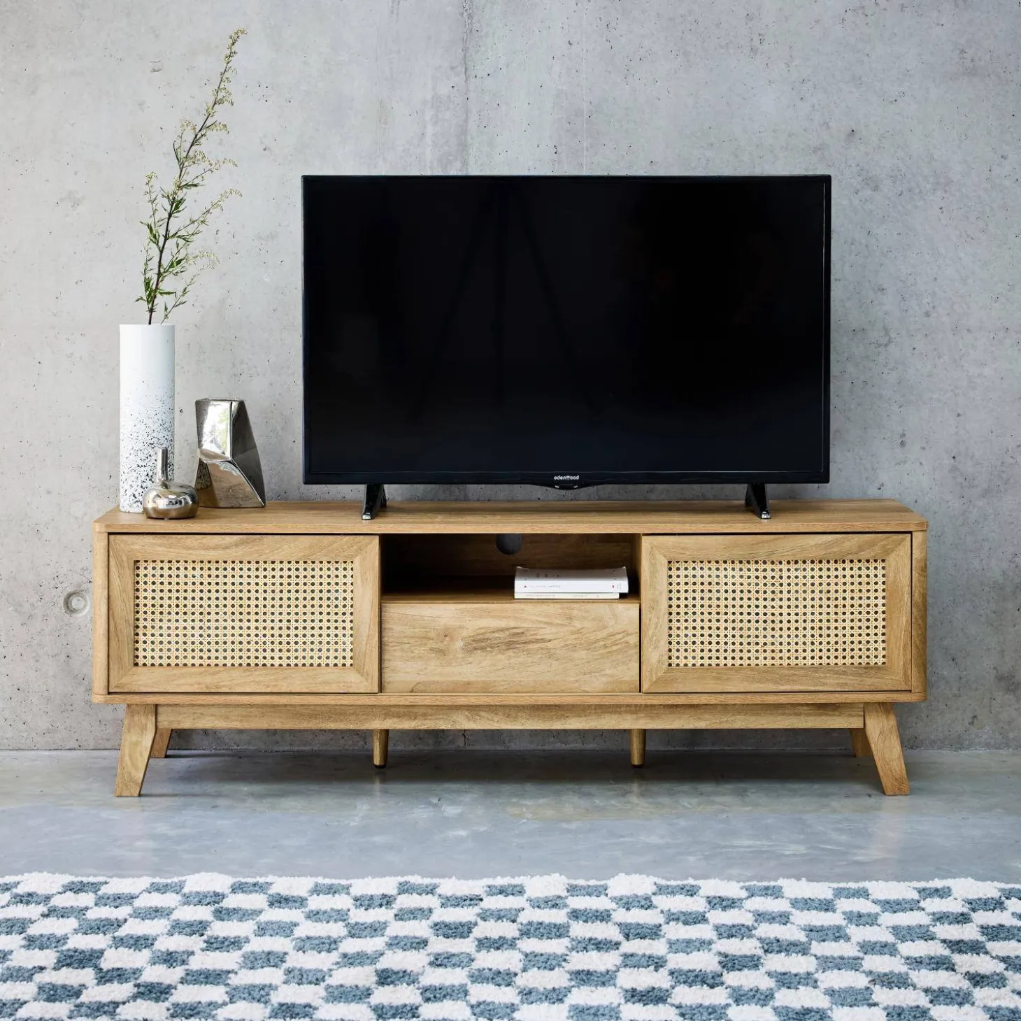 150cm TV unit wooden effect and cane 2 sliding doors